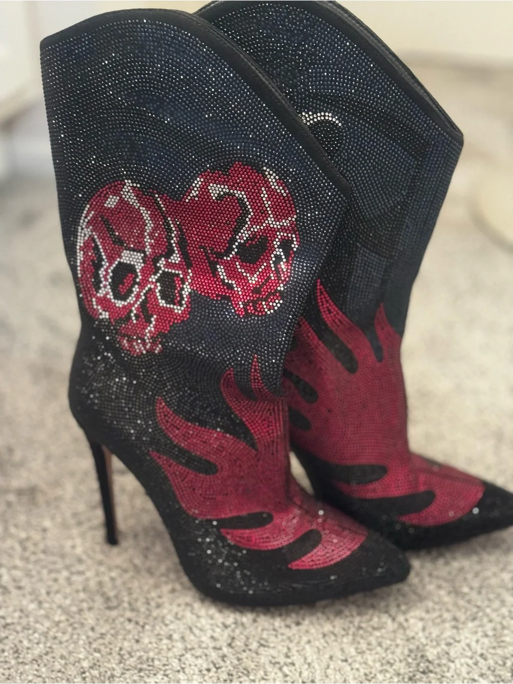 Black and Red Crystal Skull Flame Stiletto Boots . New without original box.